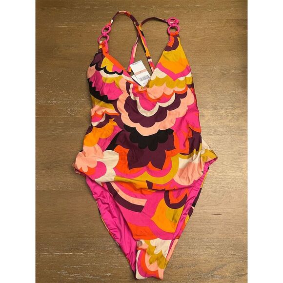 Trina Turk Women's Fan Faire One Piece Swimsuit Halter Plunge Size 12 - Picture 9 of 14